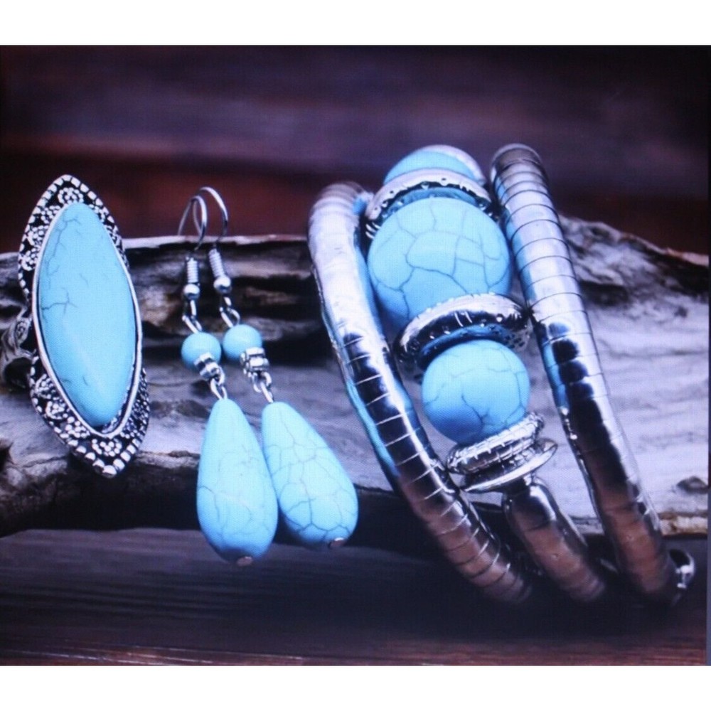 Turquoise Boho Jewelry Set Layered Adjustable Bracelet Cut out Ring & Earrings